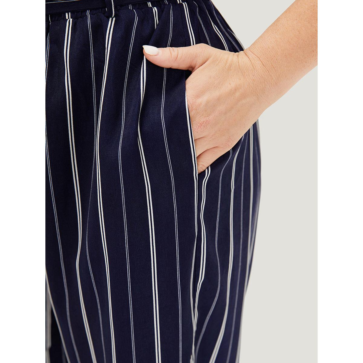 Plus Size Striped Belted Pocket High Rise Cropped Pants Women Indigo Office Straight Leg High Rise Office Pants BloomChic 14-16/1X Product Image
