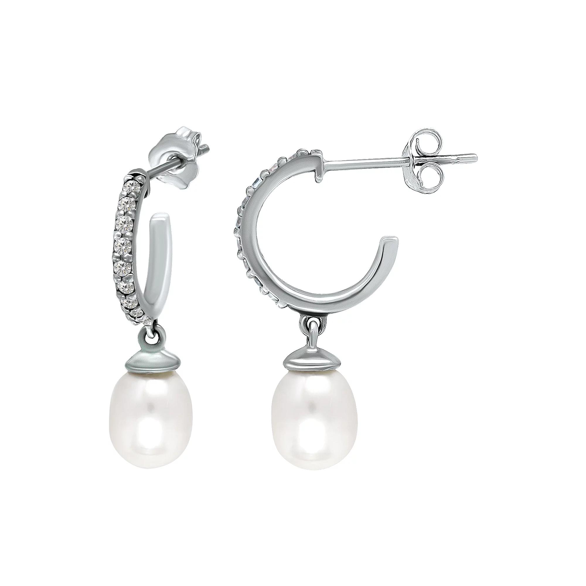 Aleure Precioso Sterling Silver Pave Cubic Zirconia 1/2 Hoop & Freshwater Cultured Pearl Drop Earrings, Women's, Silver Tone Product Image