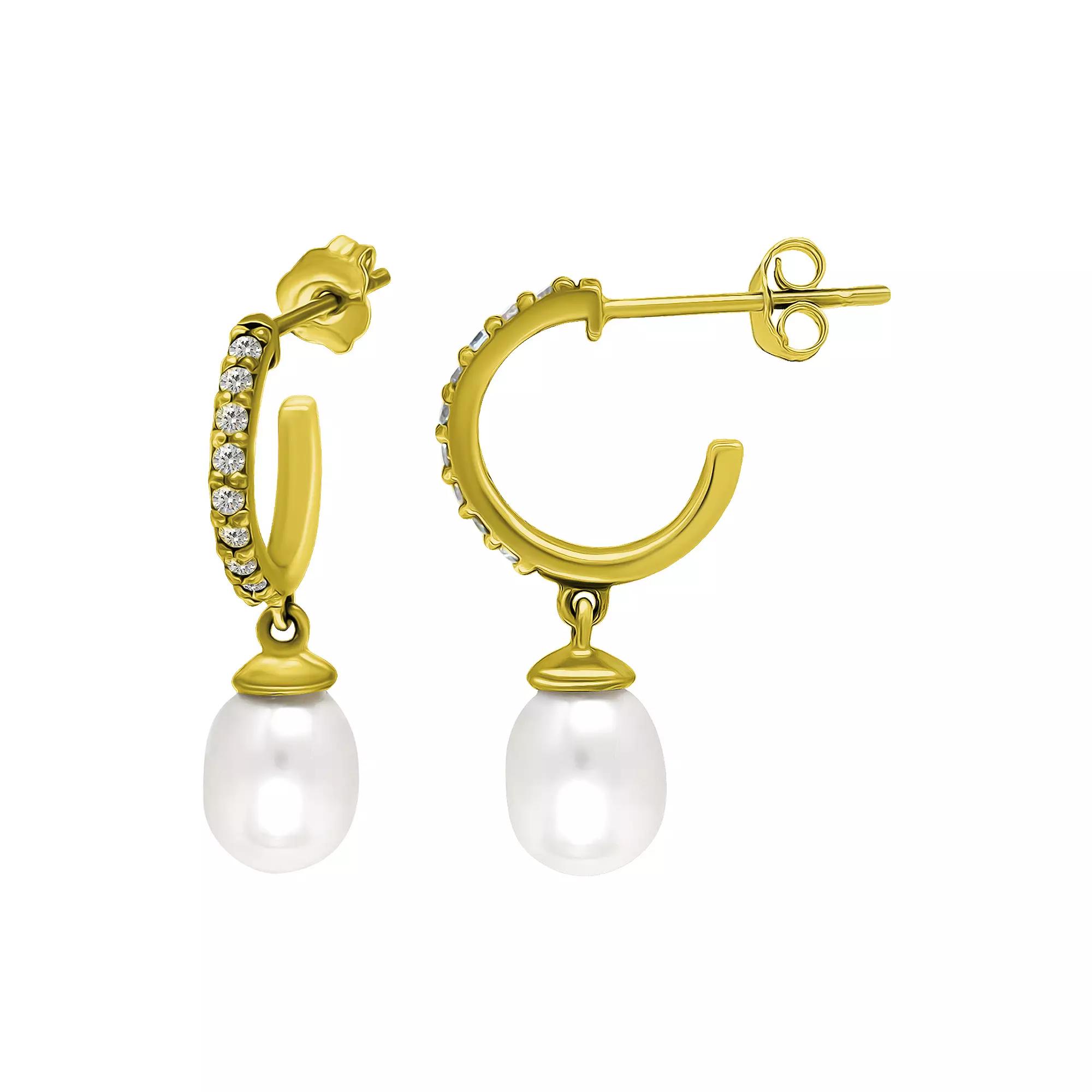 Aleure Precioso Sterling Silver Pave Cubic Zirconia 1/2 Hoop & Freshwater Cultured Pearl Drop Earrings, Women's, Silver Tone Product Image