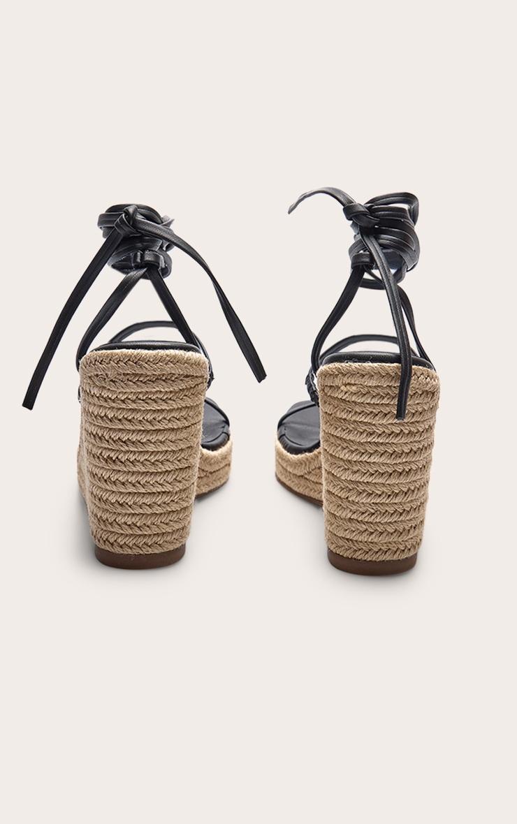 Black Pu Square Toe Espadrille Lace Up High Heeled Wedges Product Image