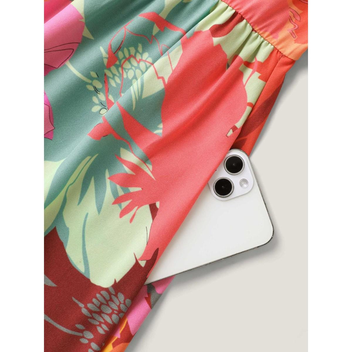 Plus Size Colorful Large Flower Print Pockets Midi Dress Multicolor Women Heart neckline Cap Sleeve Curvy BloomChic 30/6X Product Image