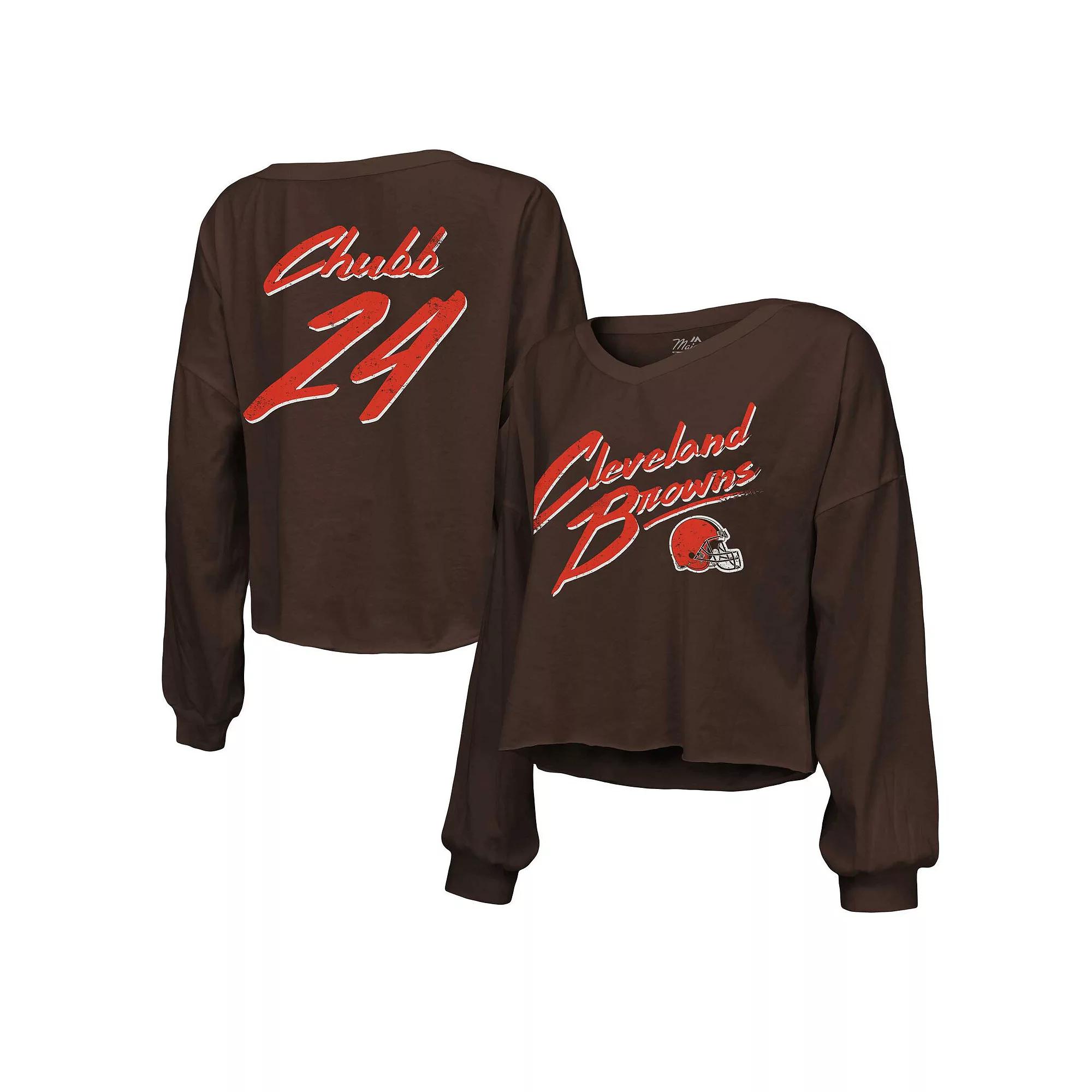 Womens Majestic Threads Nick Chubb Cleveland s Name & Number Off-Shoulder Script Cropped Long Sleeve V-Neck T-Shirt Product Image