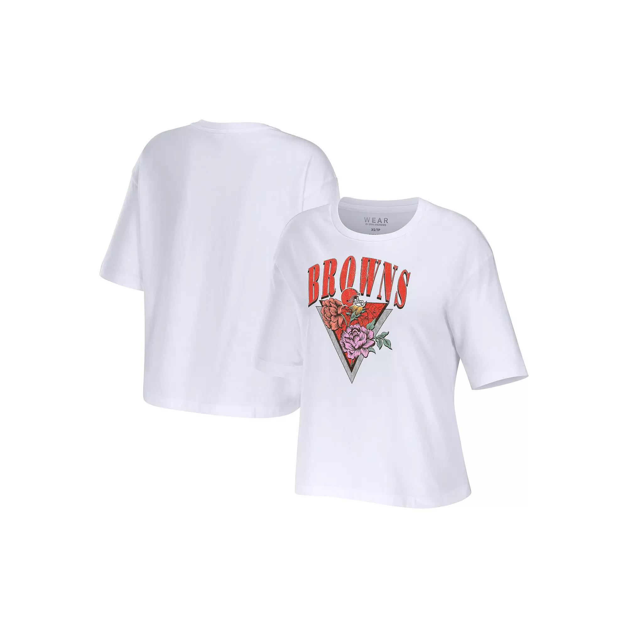 Women's WEAR by Erin Andrews White Cleveland Browns Boxy Floral Cropped T-Shirt,  Product Image