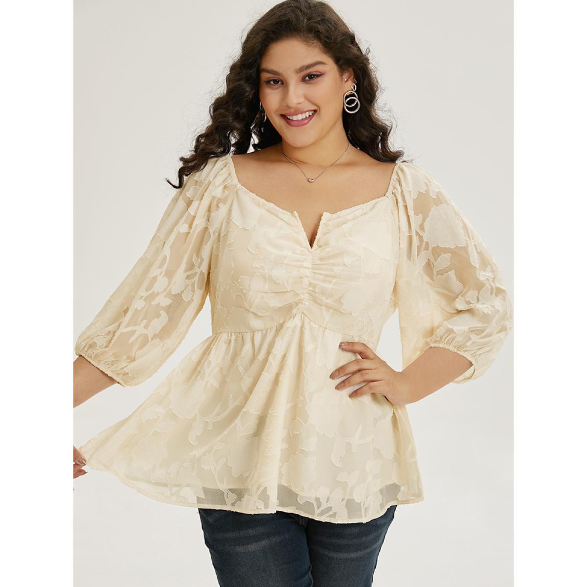 Plus Size Beige Plain Notched Ruched Lantern Sleeve Mesh Blouse Women Elegant Elbow-length sleeve Notched collar Dailywear Blouses BloomChic 12/L Product Image