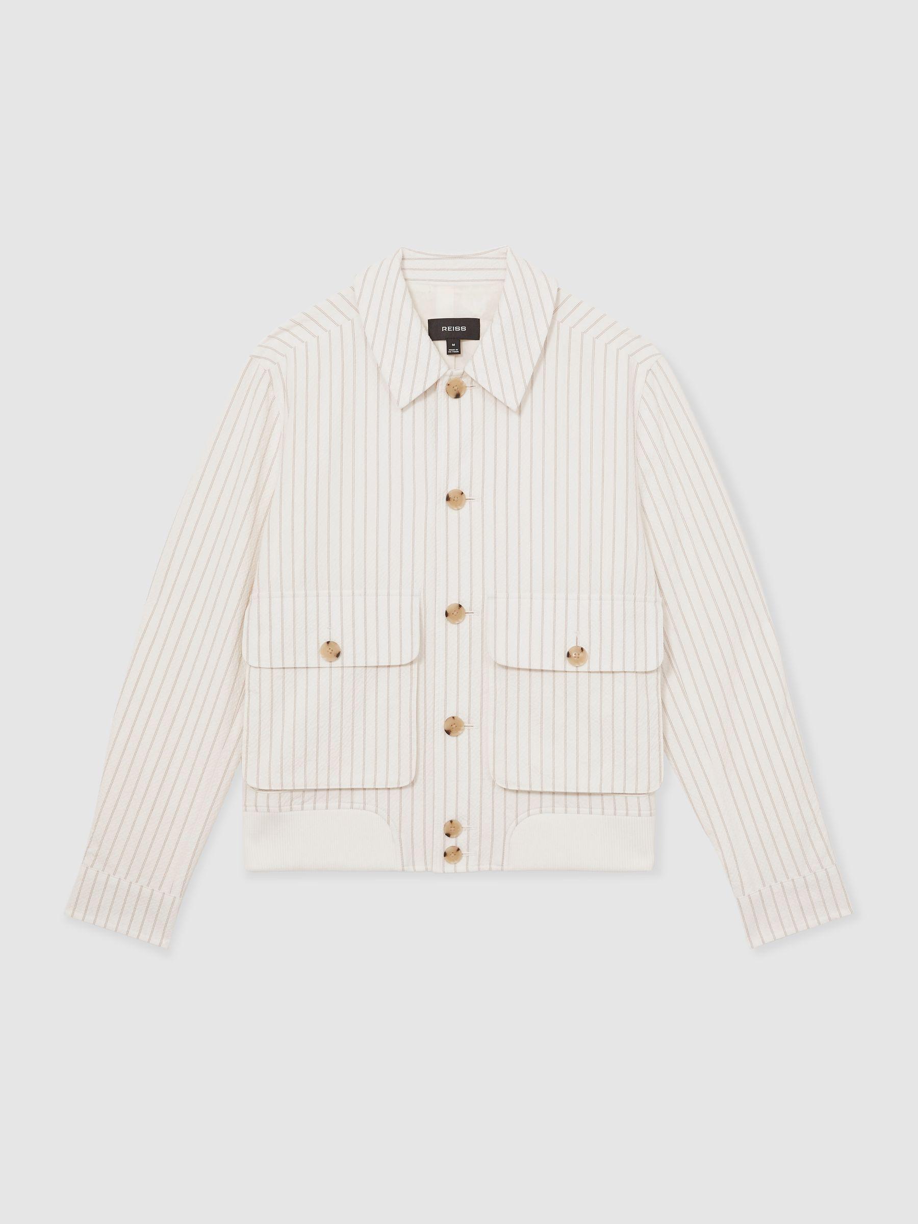 Cotton-Blend Pinstripe Harrington Jacket in Off White/Taupe Brown Product Image