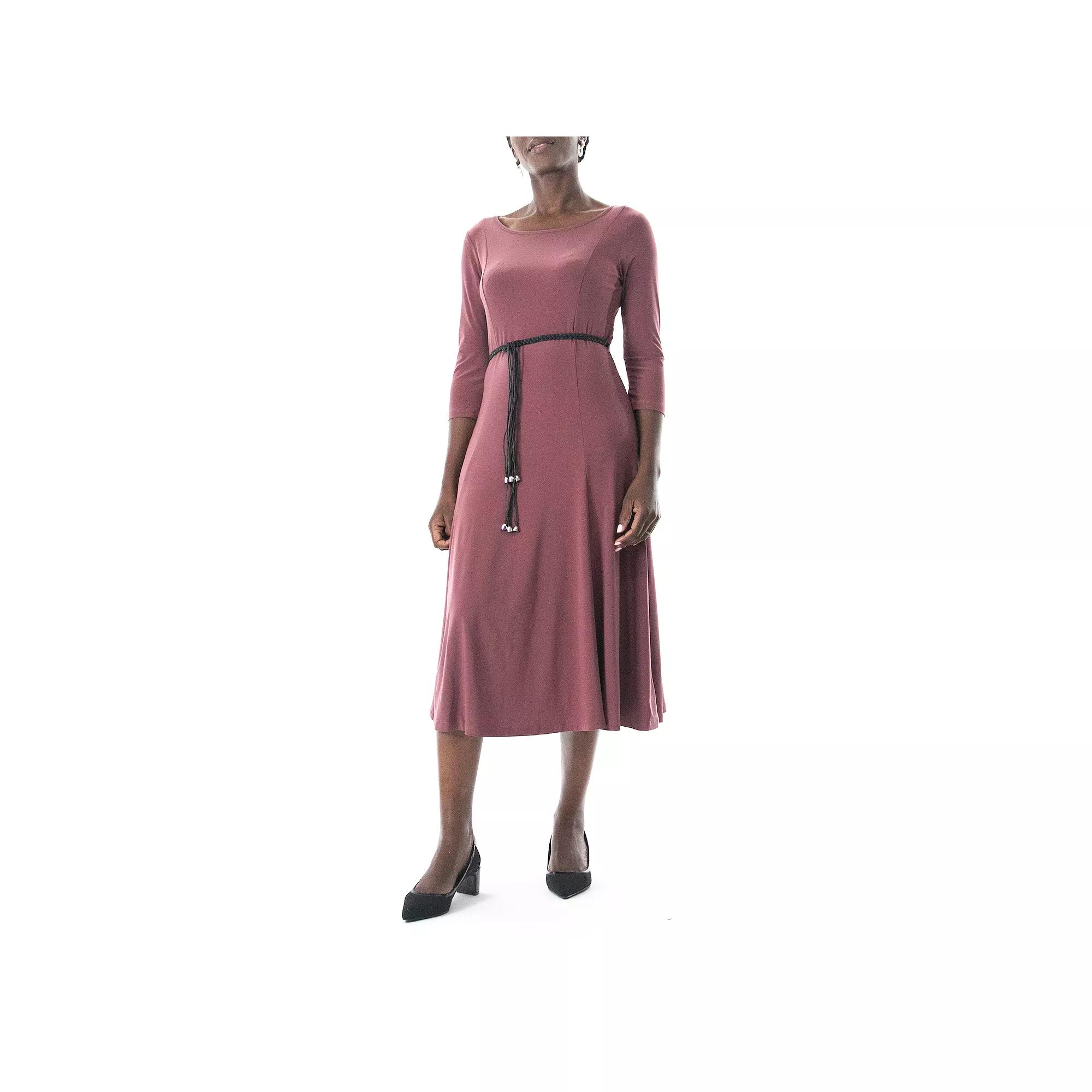 Women's Nina Leonard Three-Quarter Sleeve Belted Midi Dress,  Product Image