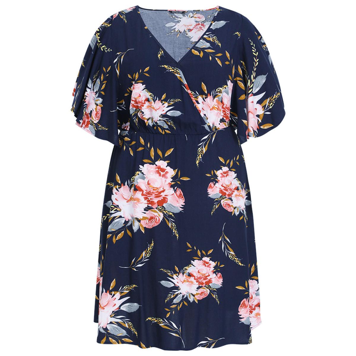 Plus Size Floral Print Surplice Neck Pocket Ruffle Sleeve Dress DarkBlue Women Elegant Gathered V-neck Half Sleeve Curvy Knee Dress BloomChic 30/6X Product Image