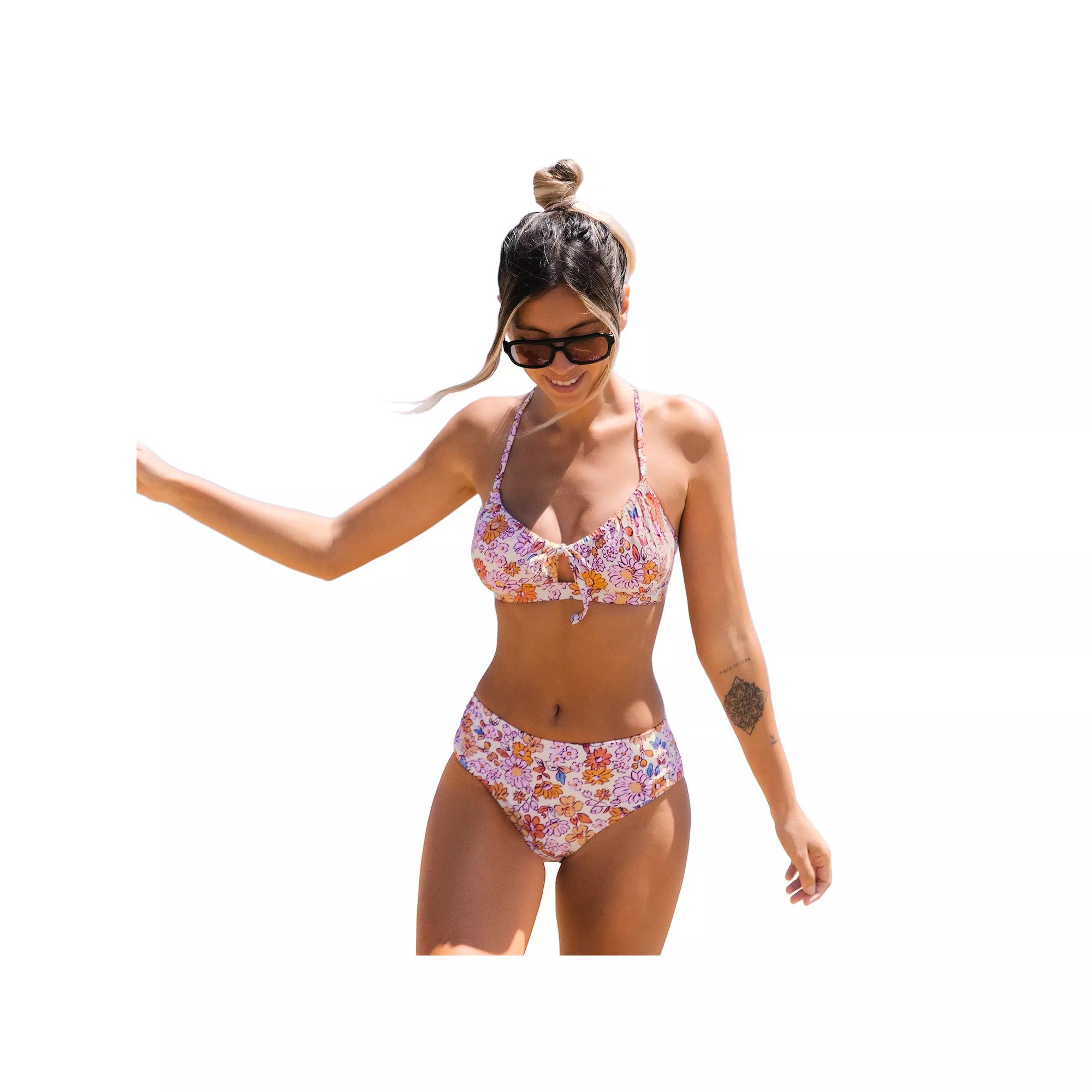 Women's Cupshe Floral Print Swim Top & Mid Rise Swim Bottoms Bikini Set, Size: Small, Multi Blue Product Image