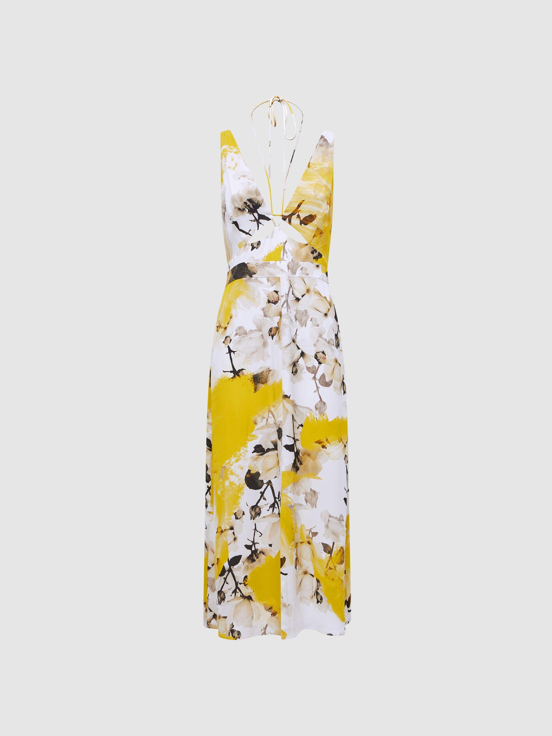 Fitted Floral Print Midi Dress in Yellow Product Image