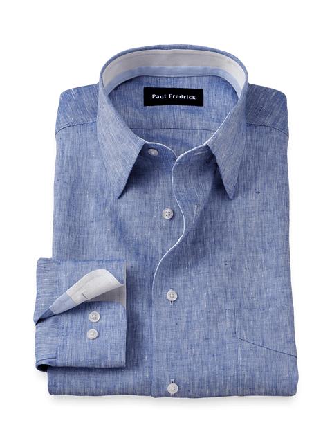 Non-Iron Linen Solid Dress Shirt With Contrast Trim - Dark Blue Product Image