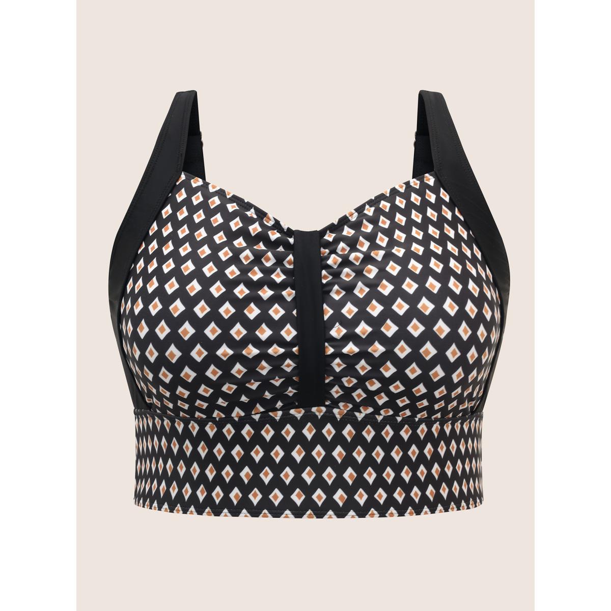 Plus Size Geometric Heart Neckline Ruched Swim Top Women's Swimwear Black Beach Gathered High stretch Skinny Heart neckline Curve Swim Tops BloomChic 10/M Product Image