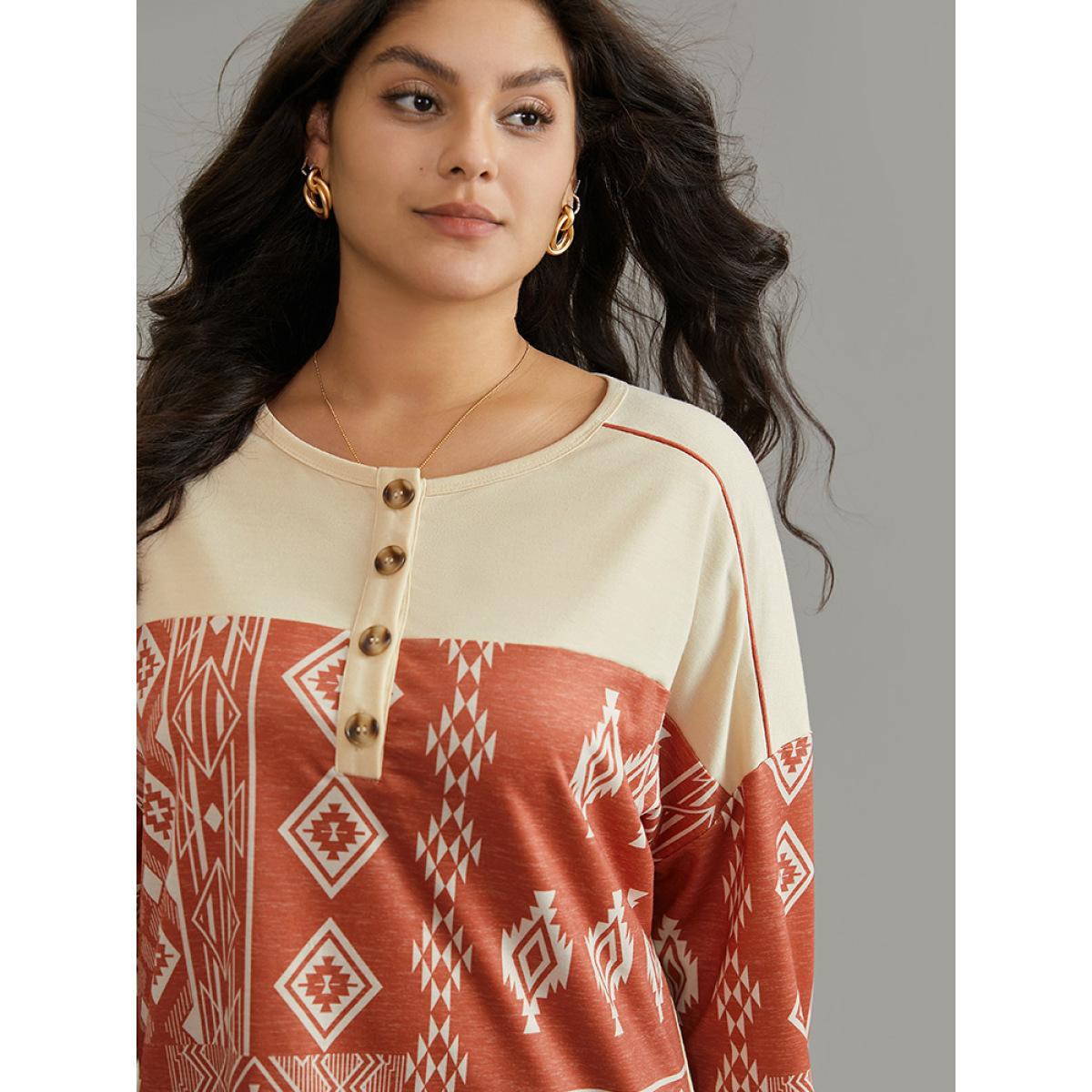 Plus Size Boho Print Patchwork Contrast Button Up Sweatshirt Women Multicolor Casual Contrast Open Front Dailywear Sweatshirts BloomChic 18-20/2X Product Image