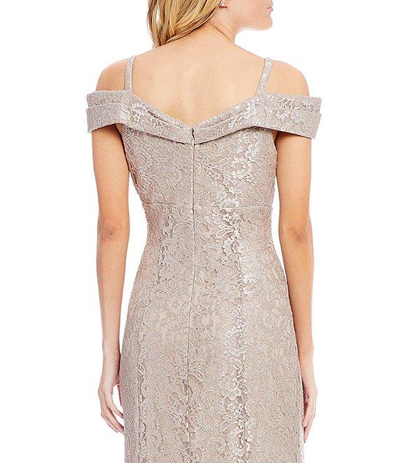 R & M Richards Off-the-Shoulder Cap Sleeve Floral Lace Mermaid Gown Product Image