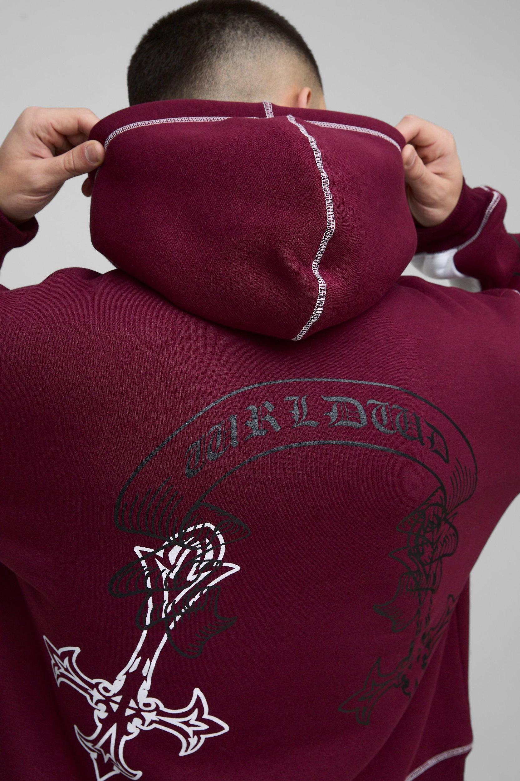 Oversized Boxy Cross Print Stacked Gusset Hooded Tracksuit | boohooMAN USA Product Image