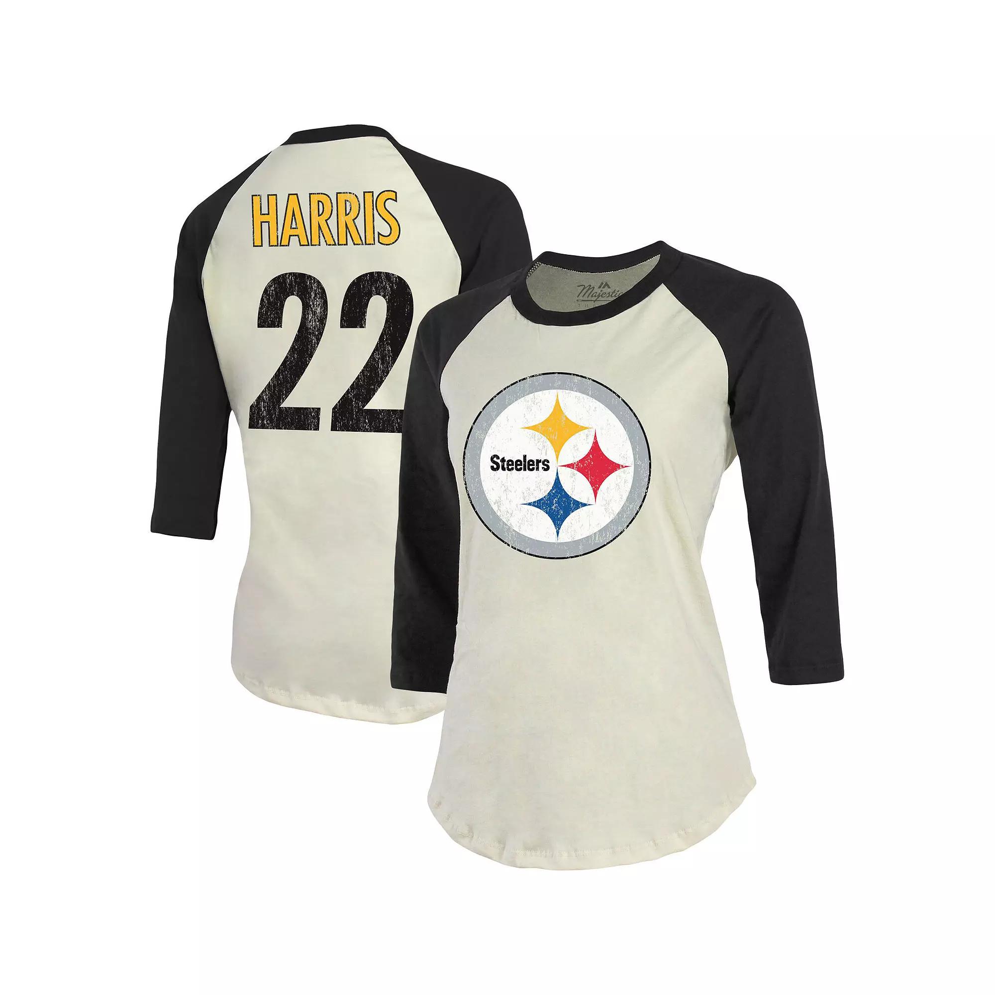 Women's Majestic Threads Najee Harris Cream/Black Pittsburgh Steelers Player Name & Number Raglan 3/4-Sleeve T-Shirt, Size: Small, Beige Product Image