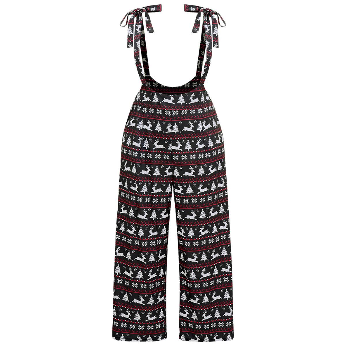 Plus Size Black Christmas Elk Print Elastic Waist Knot Jumpsuit Women Casual Sleeveless Spaghetti Strap Dailywear Loose Jumpsuits BloomChic 12/L Product Image