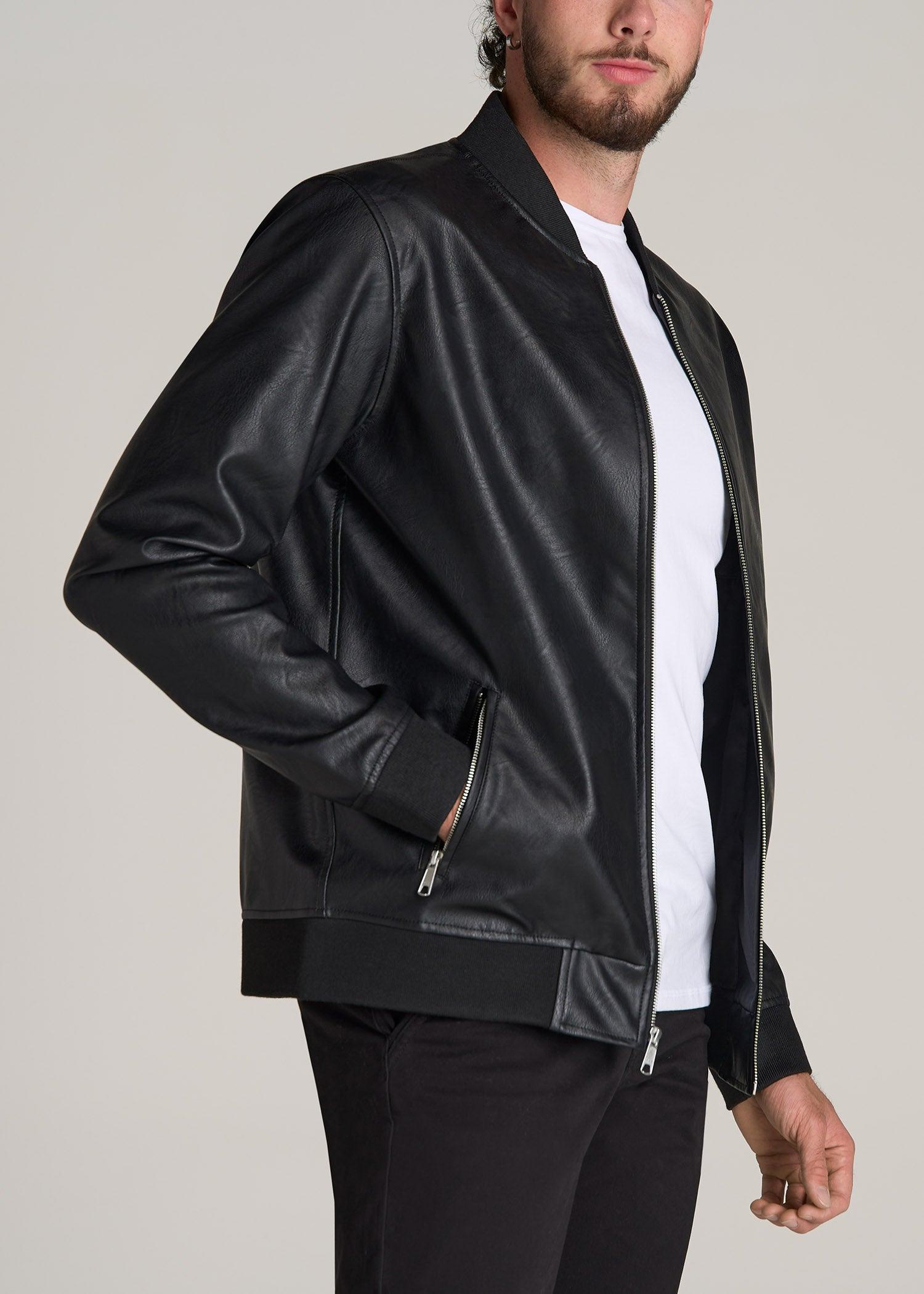 True Touch Leather Bomber Jacket for Tall Men in Black Male Product Image