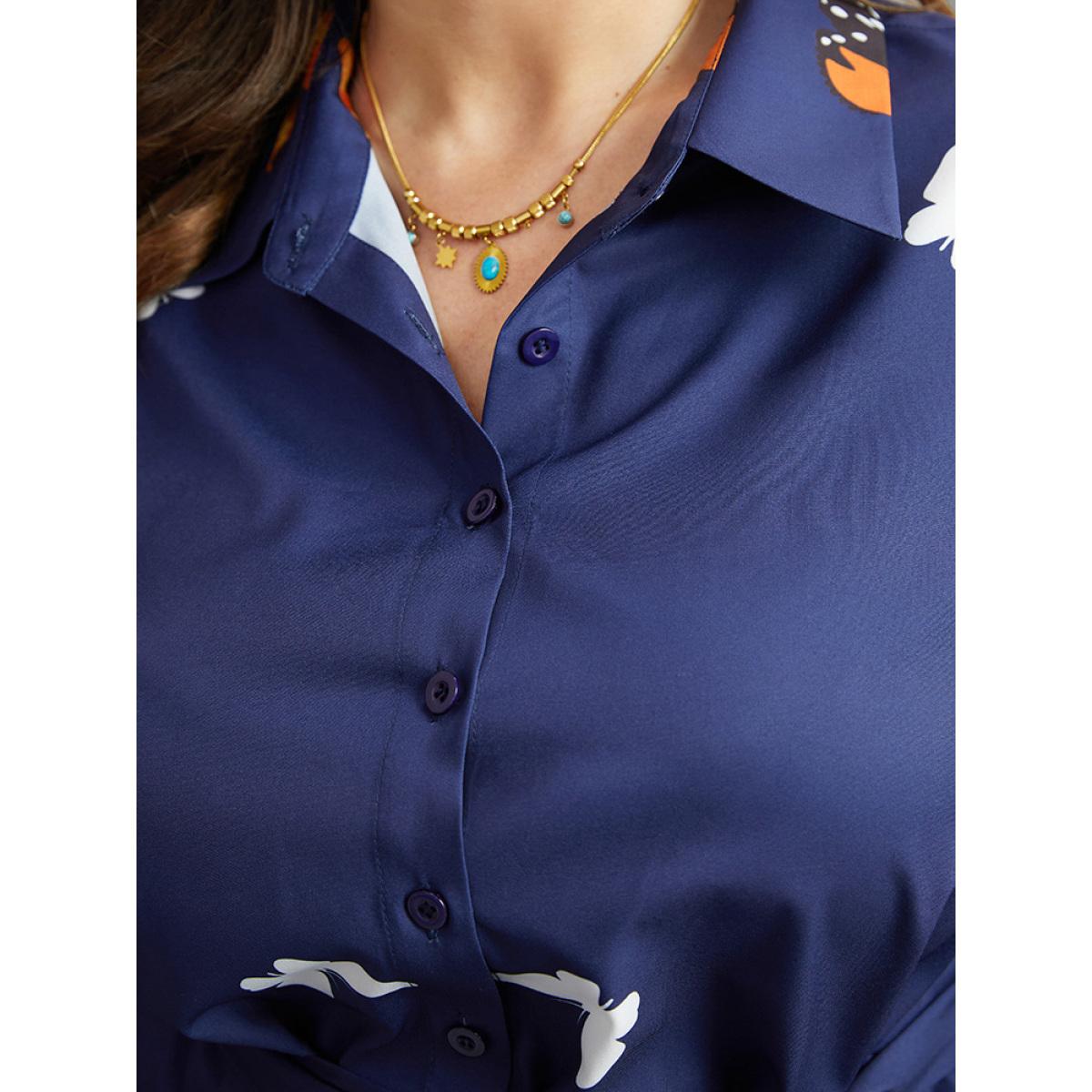 Plus Size Butterfly Print Gathered Button Up Belted Dress Navy Women Vacation Elastic cuffs Shirt collar Long Sleeve Curvy Midi Dress BloomChic 12/L Product Image