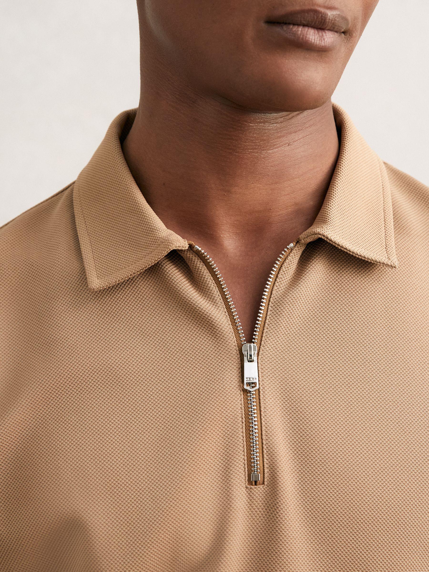 Textured Half-Zip Tipped Polo Shirt in Camel Product Image
