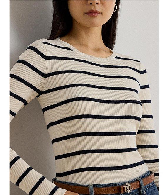 Lauren Ralph Lauren Ribbed Knit Striped Round Neck Long Sleeve Sweater Product Image