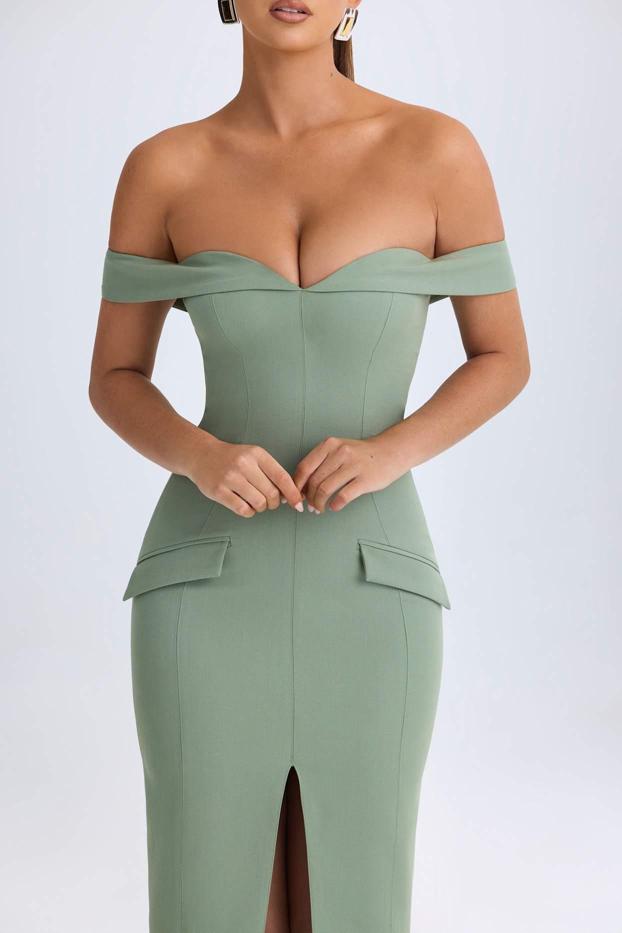 Off-Shoulder Midaxi Dress in Khaki Green Product Image