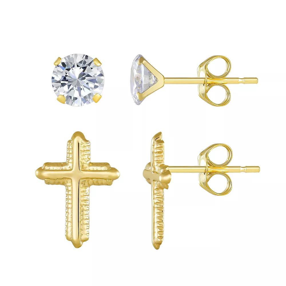 Taylor Grace 10k Gold Cross & Round Cubic Zirconia Earring Set, Women's Product Image
