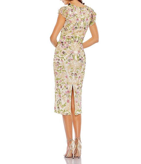 Mac Duggal Sequin Embroidered Surplice V-Neck Flutter Cap Sleeve Midi Sheath Dress Product Image