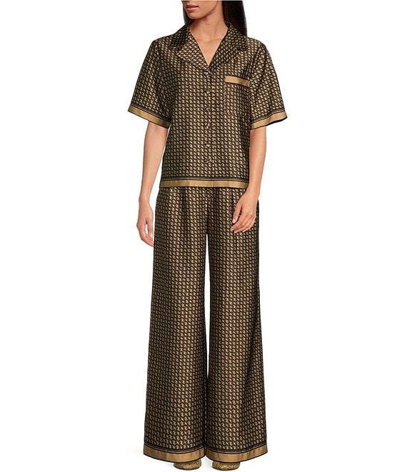 Le' AL.X Logo Print Satin Notch Lapel Short Sleeve Cropped Coordinating Camp Shirt Product Image