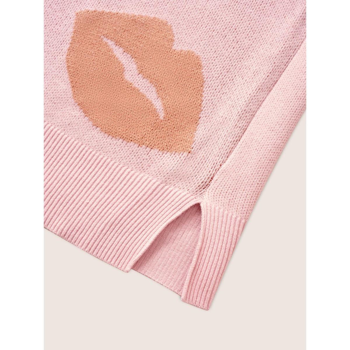 Plus Size Supersoft Essentials Lip Print Split Side Pullover Crepe Women Casual Long Sleeve V-neck Everyday Pullovers BloomChic 30/6X Product Image