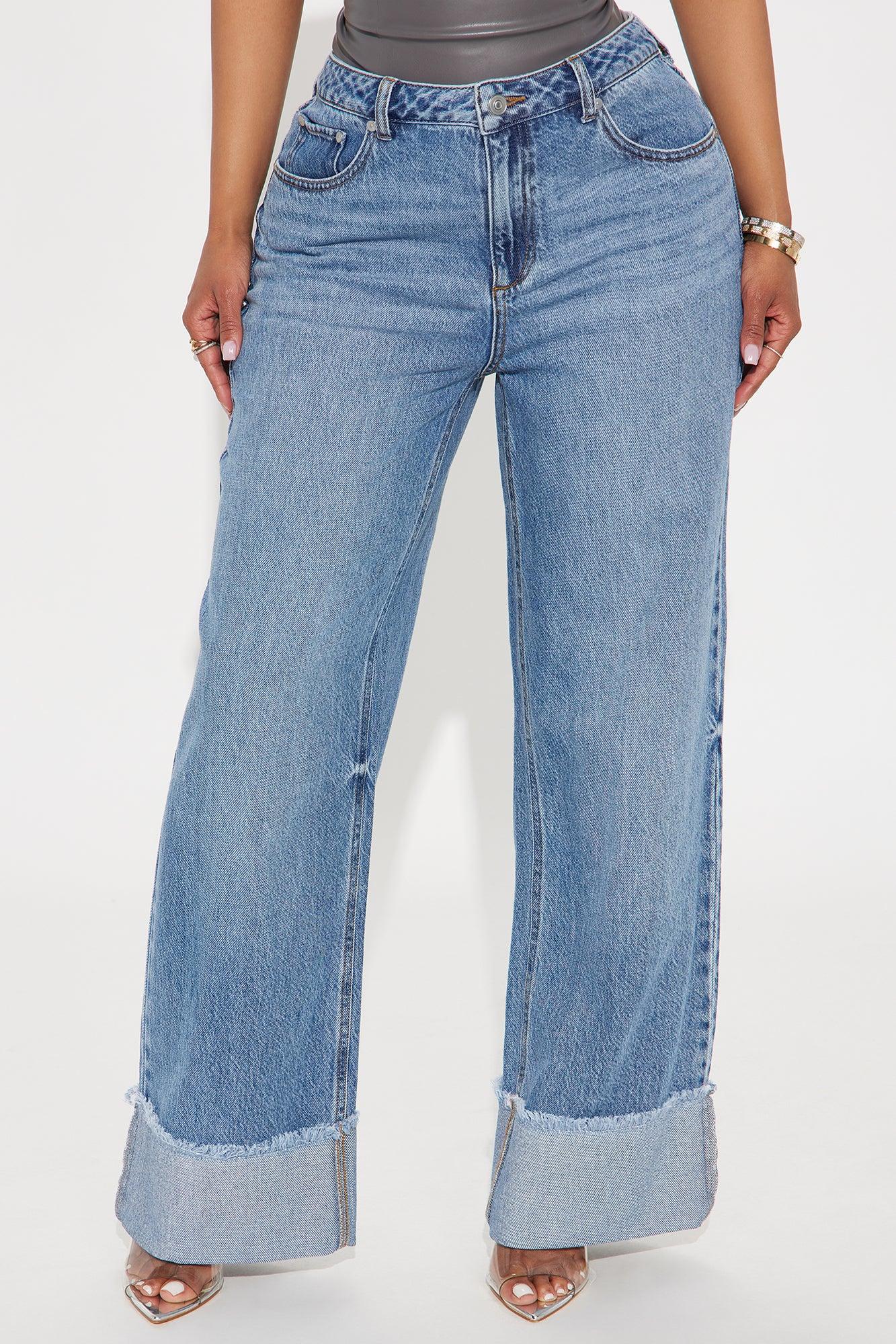 Cuff It Non Stretch Cuffed Wide Leg Jeans - Dark Wash Product Image
