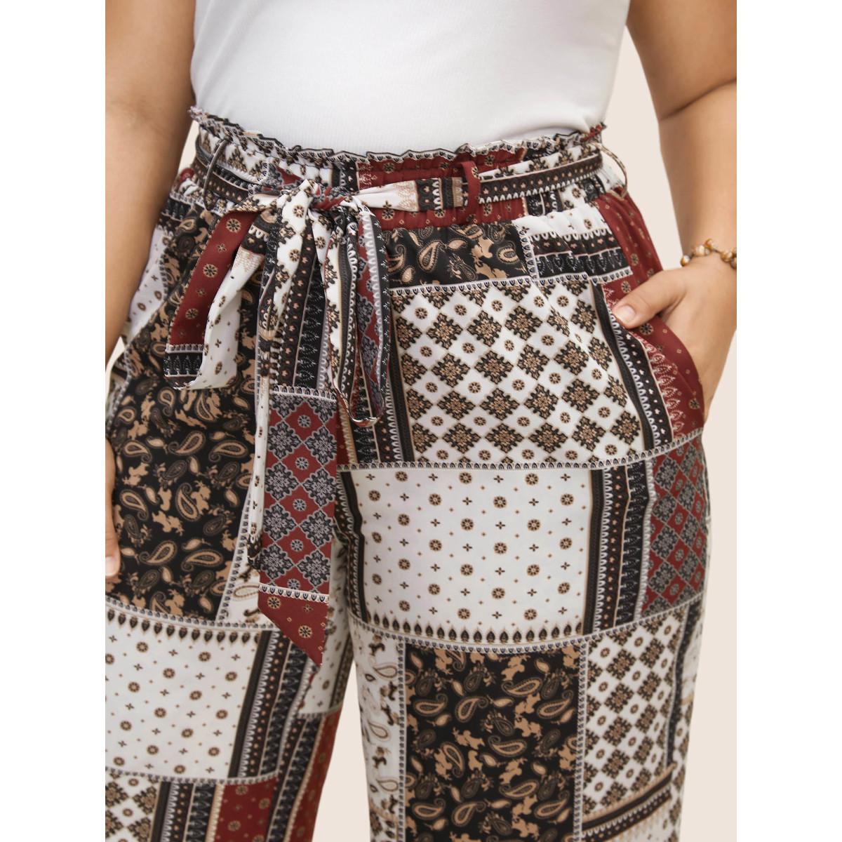 Plus Size Patchwork Floral Belted Wide Leg Pants Women Deepred Resort Wide Leg High Rise Vacation Pants BloomChic 30/6X Product Image
