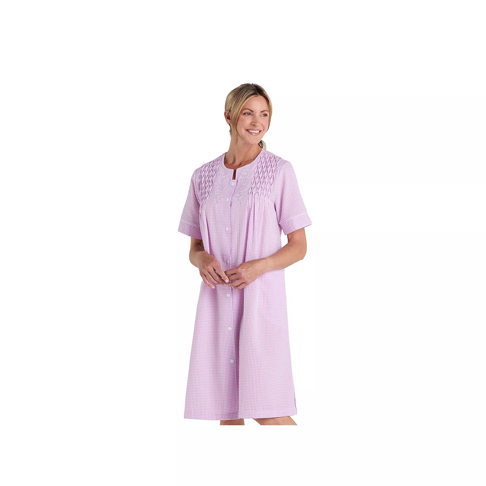 Women's Miss Elaine Essentials Seersucker Short Snap Robe, Size: Small, Purple White Check Product Image
