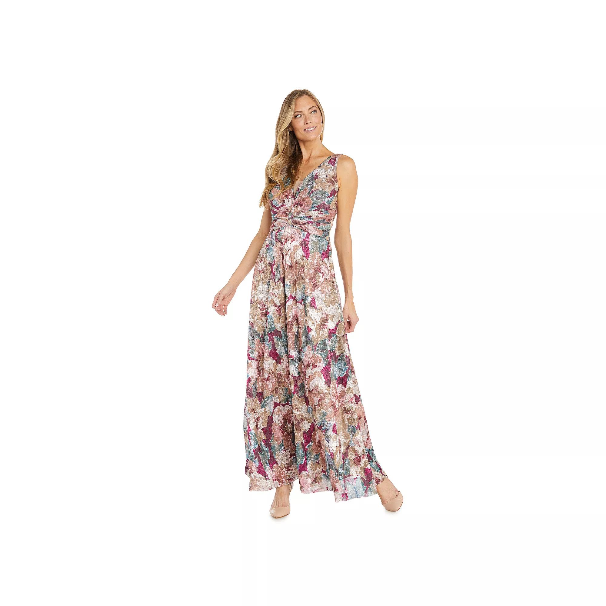 Women's R&M Richards Metallic Floral Print Ruched Waist V-Neck Maxi Dress, Size: 6, Pink Product Image