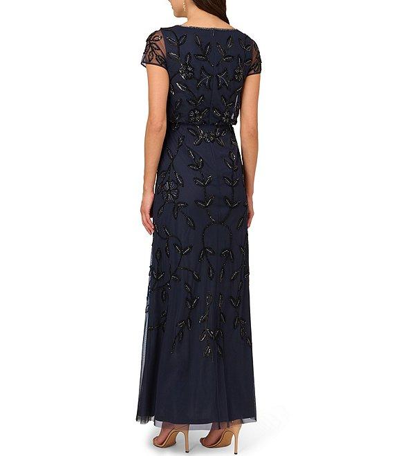 Adrianna Papell Beaded Mesh Boat Neck Short Sleeve Blouson Dress Product Image