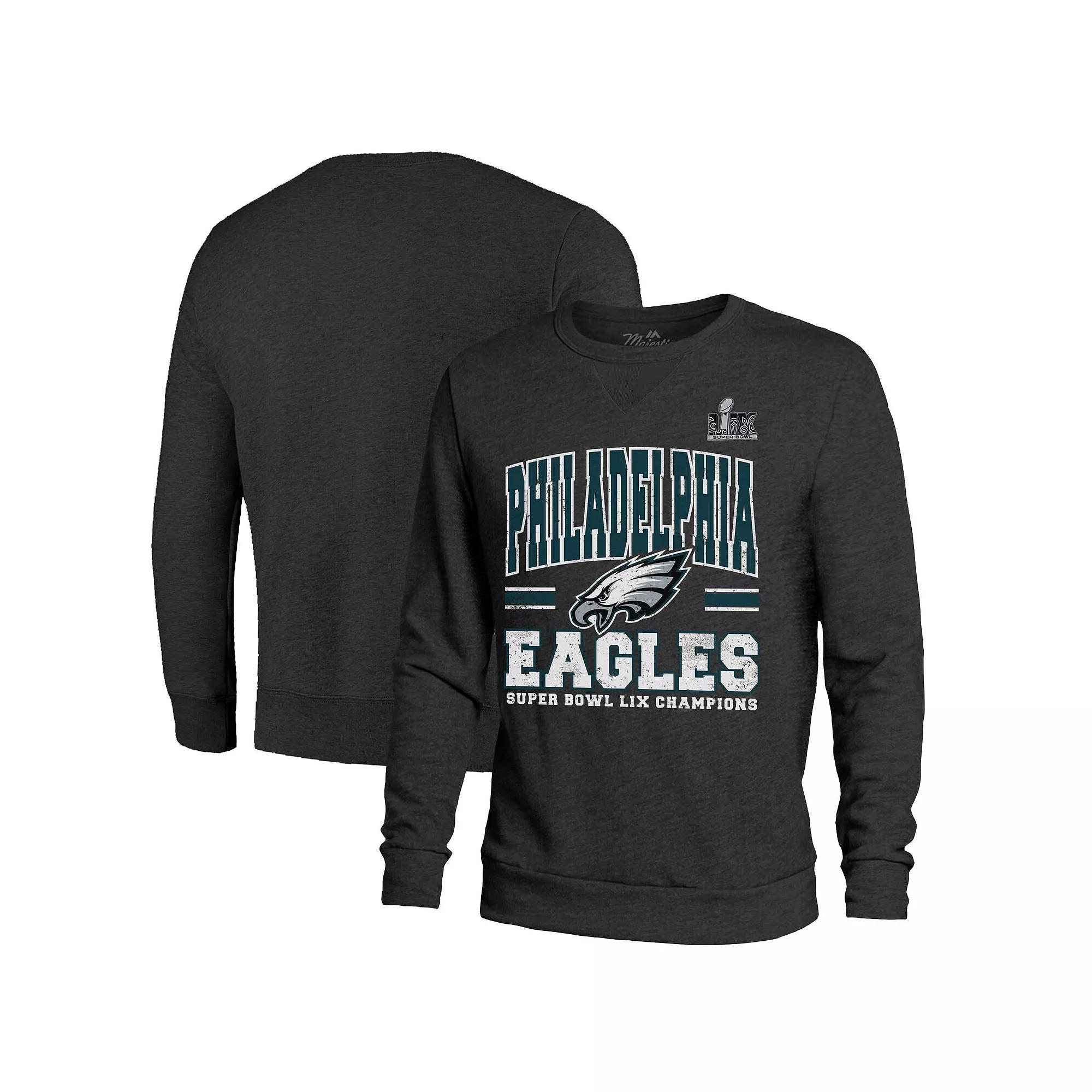 Men's Majestic Threads Black Philadelphia Eagles Super Bowl LIX Champions Big Chalk Stripe Tri-Blend Fleece Sweatshirt, Size: Small Product Image