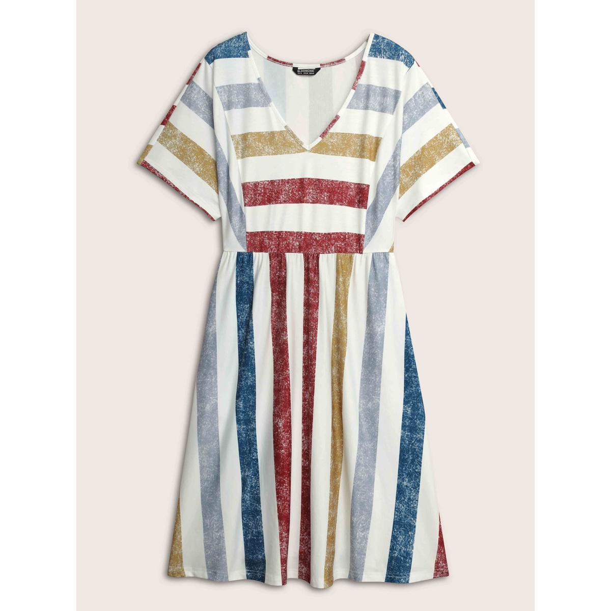 Plus Size Color Striped Pocket Batwing Sleeve Dress Multicolor Women Casual Non V-neck Short sleeve Curvy Midi Dress BloomChic 18-20/2X Product Image