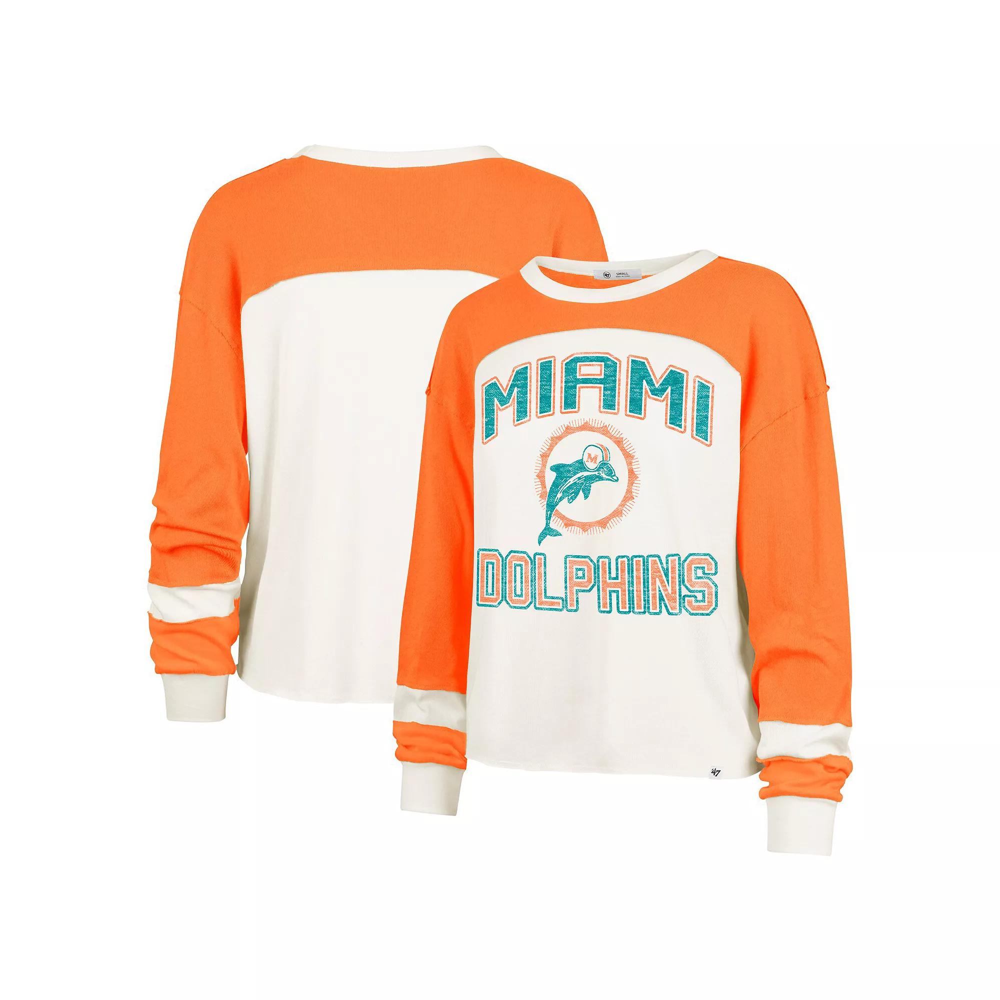 Women's '47 Cream Miami Dolphins Double Header Curve Raglan Long Sleeve Crop Top, Size: Large, Beige Product Image