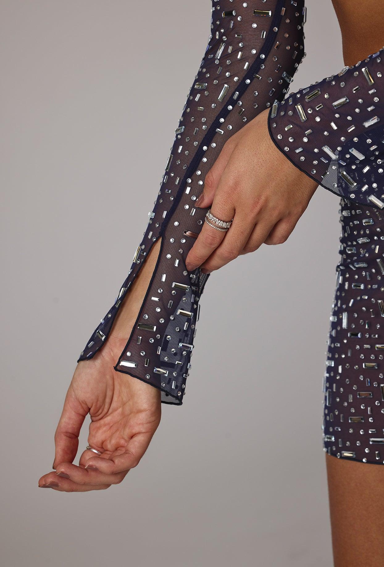 Sheer Embellished Long Sleeve Crop Top in Navy Product Image