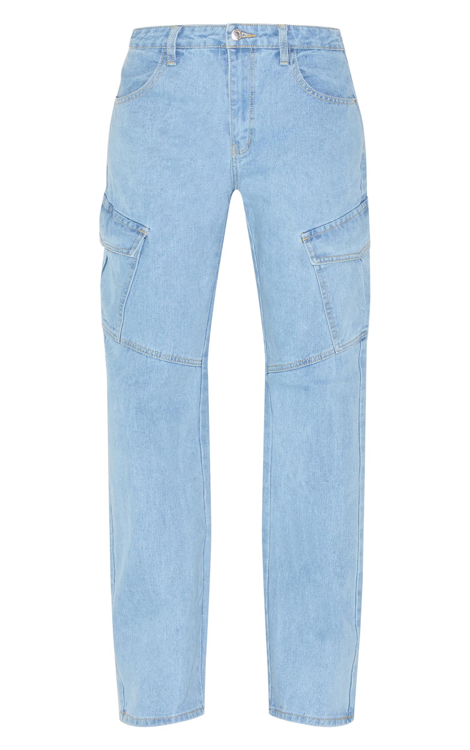 Light Blue Wash Slim Fit Cargo Pocket Boyfriend Jeans Product Image
