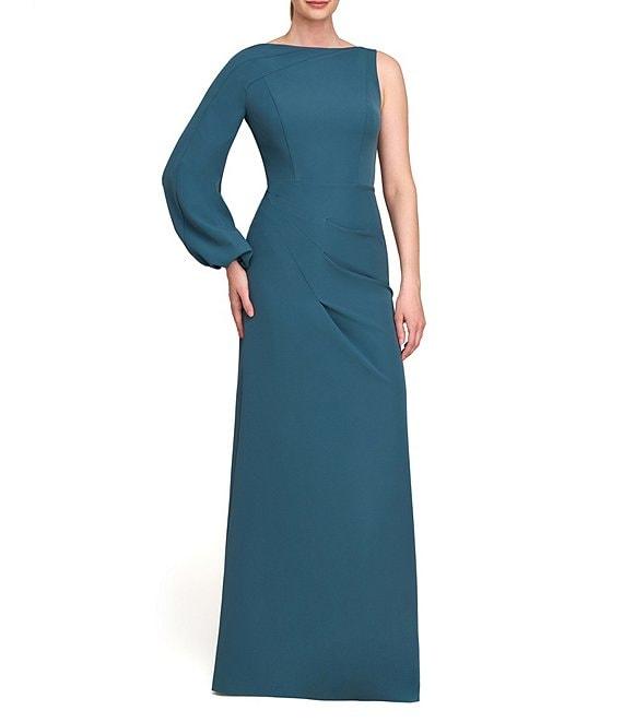 Kay Unger Iliana Stretch Crepe Bateau One Shoulder Bishop Sleeve Pleated A-Line Gown Product Image