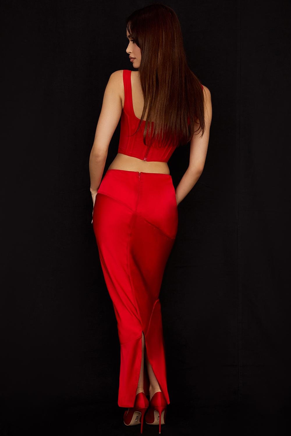 Colette  scarlet satin low waist midi skirt Product Image