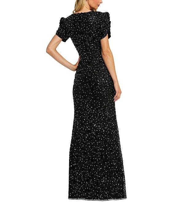 Mac Duggal Beaded Crew Neck Ruched Short Sleeve Gown Product Image