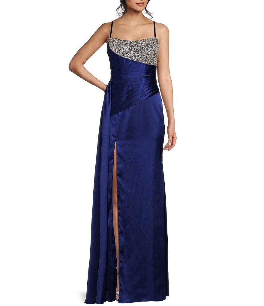 Blondie Nites Sateen Embellished Side Sash Front Slit Gown Product Image