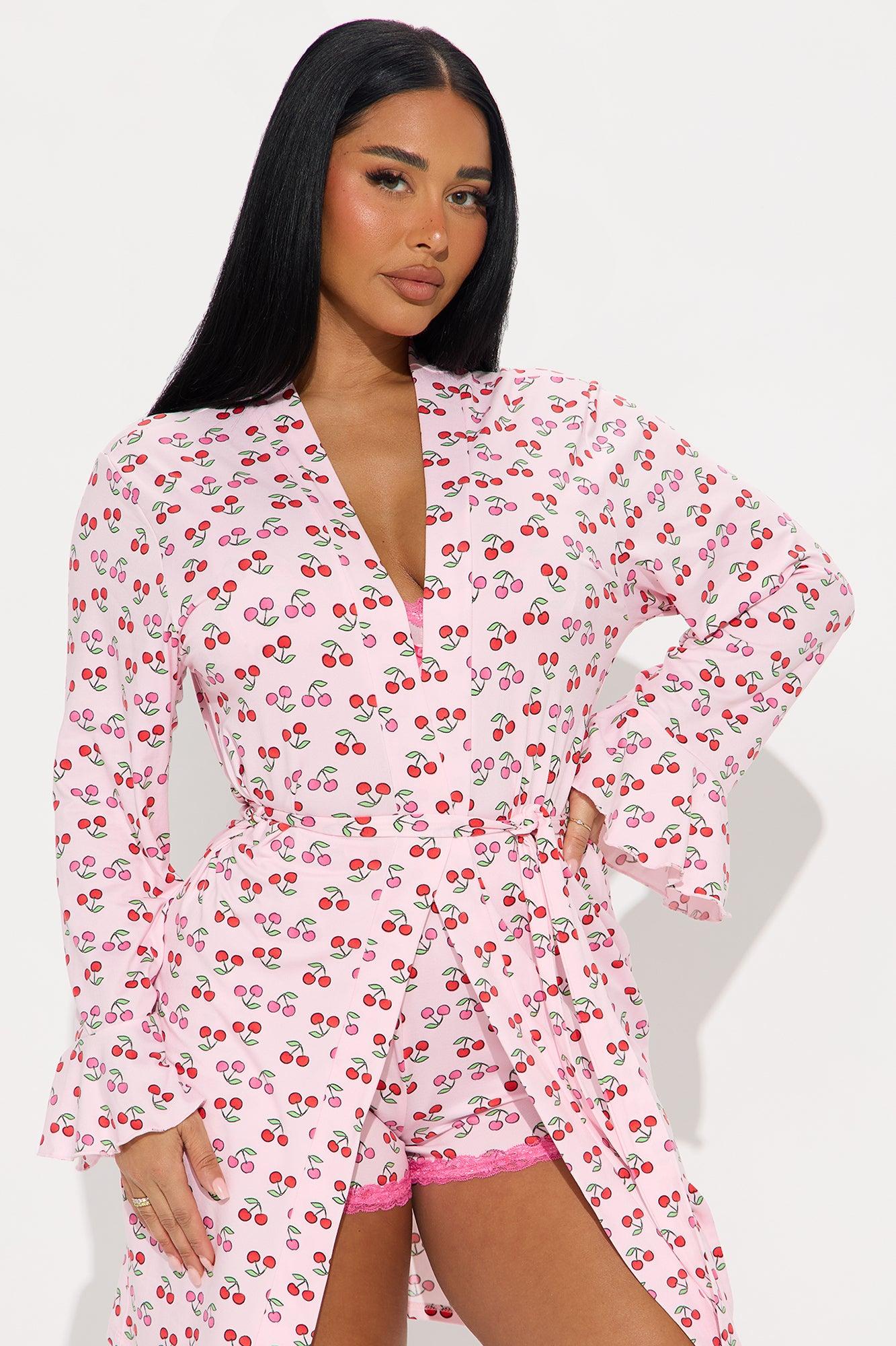Cherry On Top 3 Piece PJ Robe Short Set - Pink/combo Female Product Image
