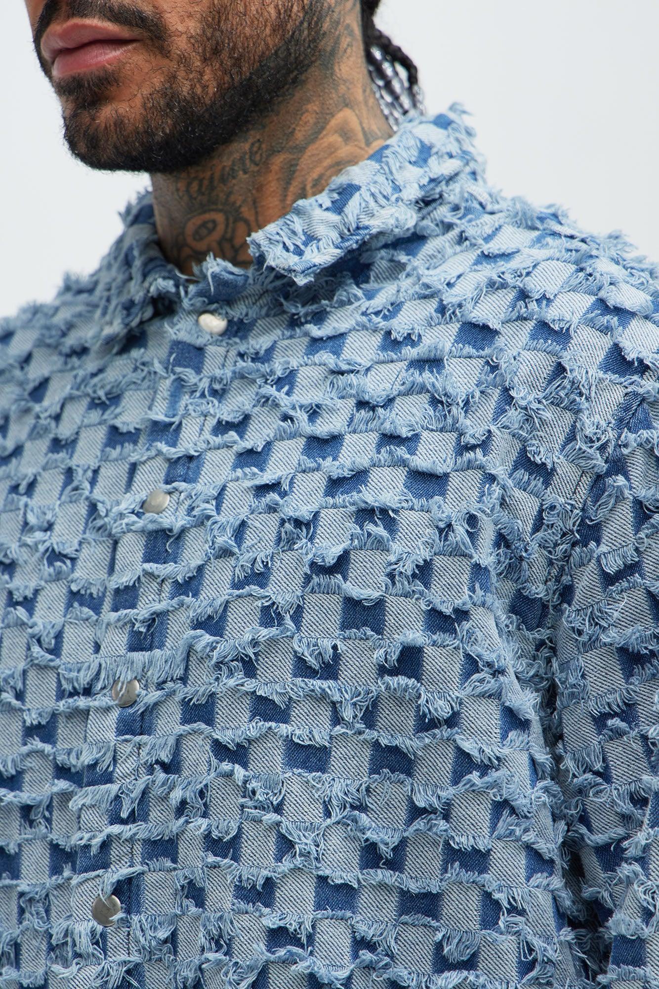 Blame Me Frayed Denim Button Up Shirt - Light Blue Wash Product Image