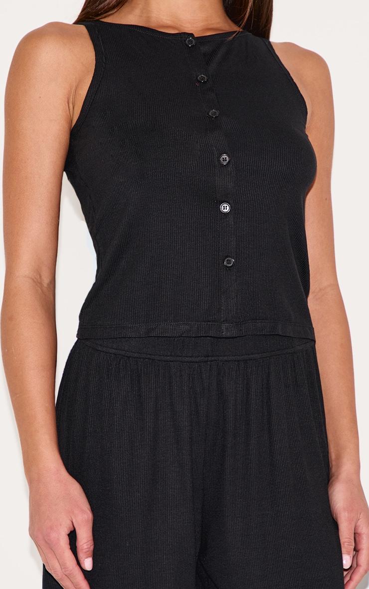 Black Ribbed Button Vest Long Pj Set Product Image