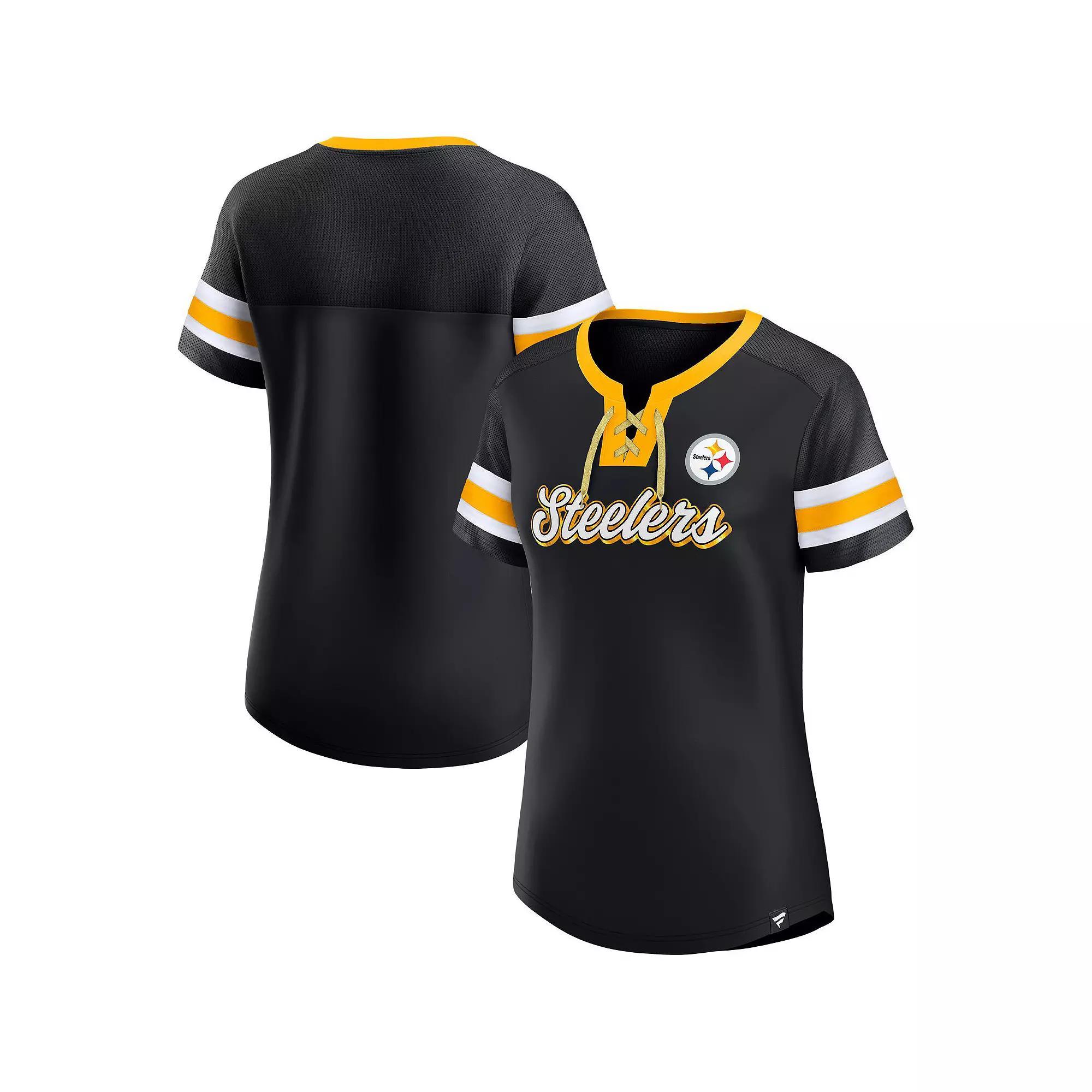 Women's Fanatics Branded Black Pittsburgh Steelers Original State Lace-Up T-Shirt, Size: Small Product Image