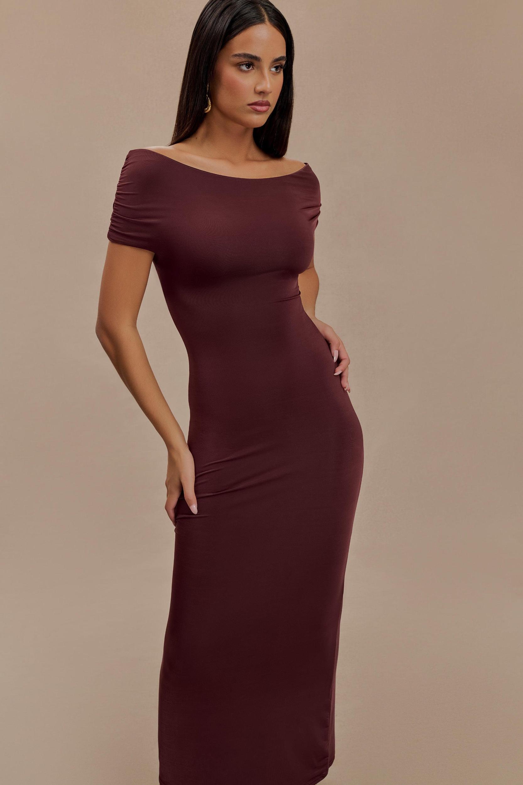 Imogen Off Shoulder Slinky Maxi Dress - Mahogany Product Image