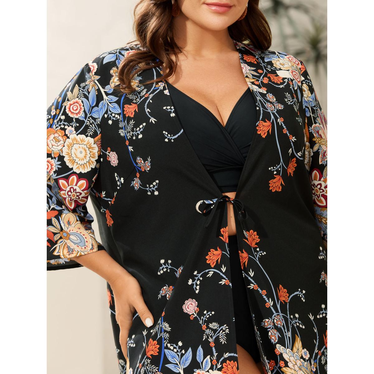 Plus Size Romantic Floral Print Vacation Kimono Cardigan Women Black Boho Tie knot Loose Vacation Kimonos BloomChic 14-16/1X Product Image