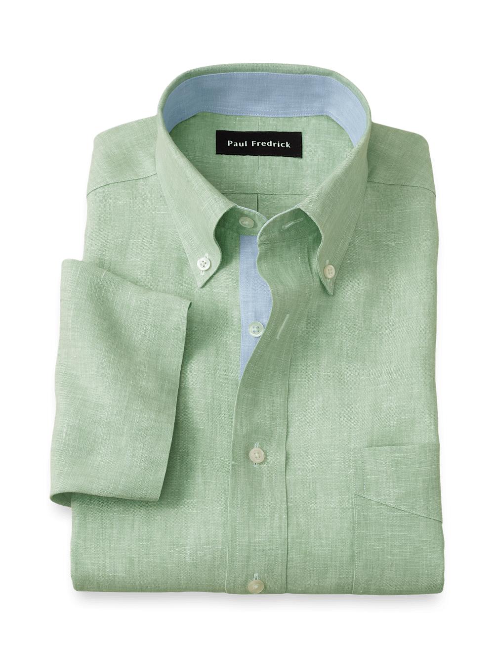 Non-Iron Linen Solid Dress Shirt With Contrast Trim - Light Green Product Image